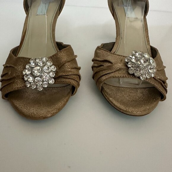 Betsey Johnson Womens Bronze Peep Toe Kitten Heels Rhinestone Accent Size 10 - Picture 1 of 12